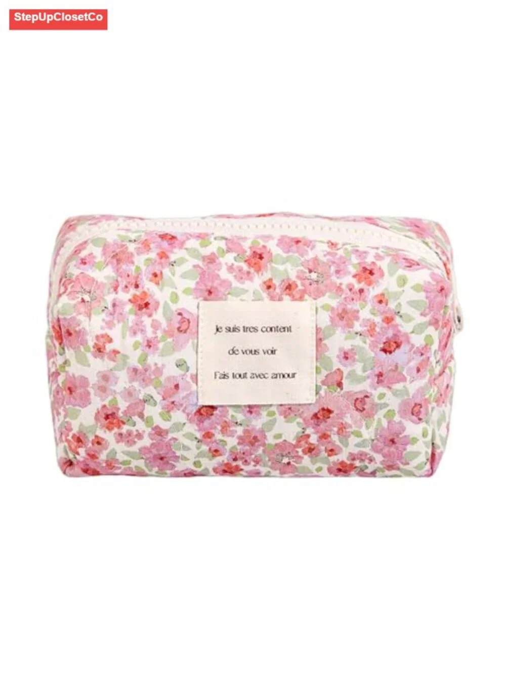 Quilted Cotton Floral Makeup Bag with Zipper, Small Travel Toiletry Organizer,